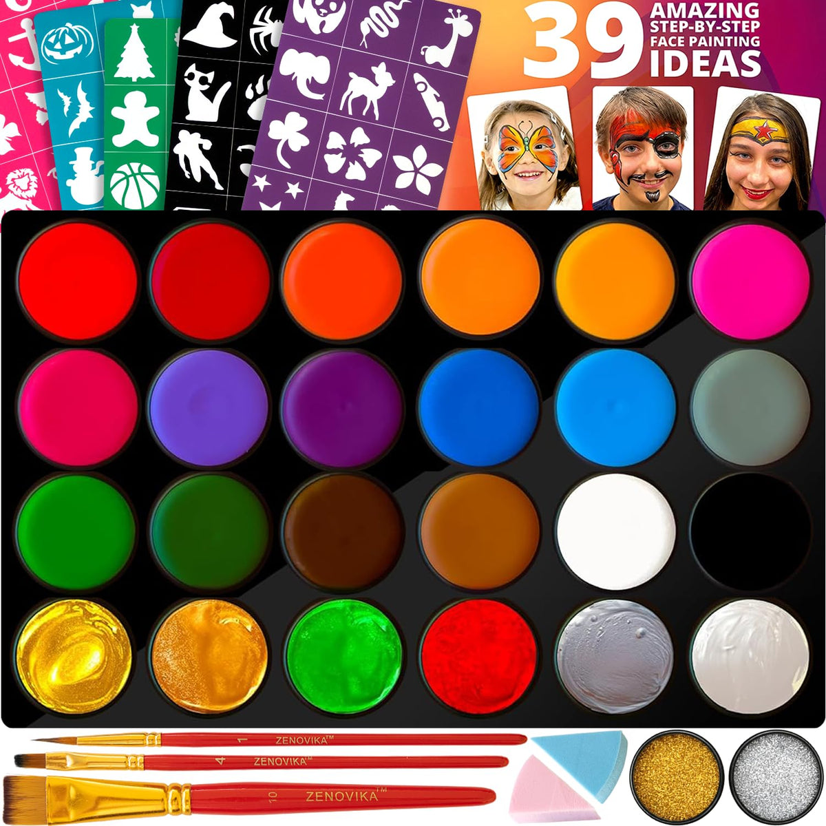 Zenovika Face Painting Kit for Kids - 60 Reusable Stencils & 39-Design Guide Book, 24 Large-Pan Water Activated Face Paints, Covers 30+ Full Faces, Washes Off with Soap & Water, Halloween & Party