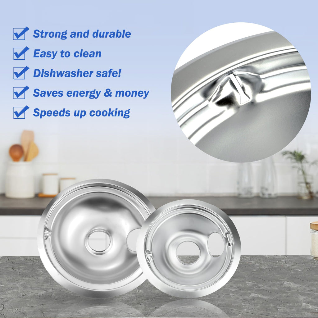 Chrome Range Drip Pans compatible with GE, Hotpoint and Kenmore Electric Stove - Replacement for WB31T10010, WB31T10011 (4 Pack, 2pcs 6" and 2pcs 8")
