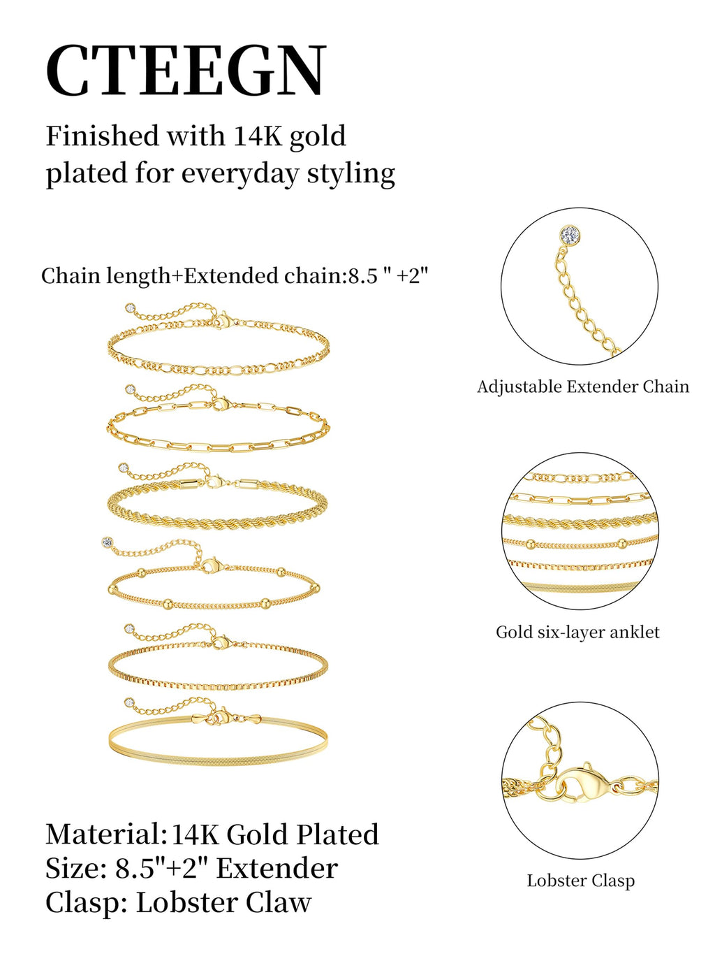 CTEEGN Anklets for Women, 14K Gold Plated 6 Pcs Layered Dainty Anklet Set