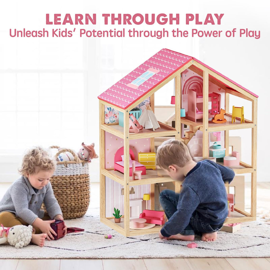 Tiny Land Wooden Dollhouse for Girls - 6 Rooms Wooden Doll House, DIY Pretend Doll House with 31Pcs Furniture Accessories, Creative Gift for Girl Ages 3+