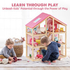 Tiny Land Wooden Dollhouse for Girls - 6 Rooms Wooden Doll House, DIY Pretend Doll House with 31Pcs Furniture Accessories, Creative Gift for Girl Ages 3+