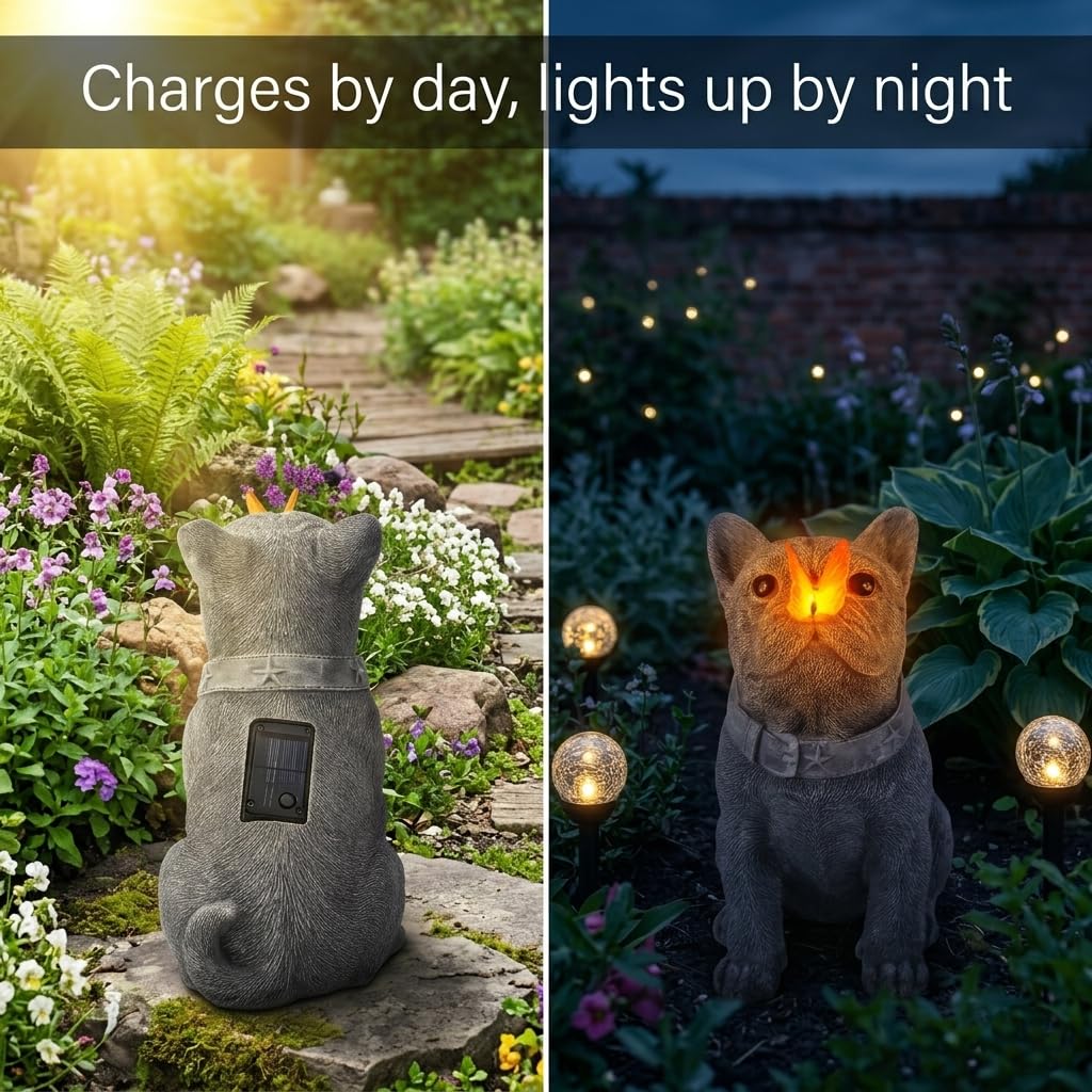 Solar French Bulldog Garden Statue with Butterfly, Outdoor Frenchie Gifts