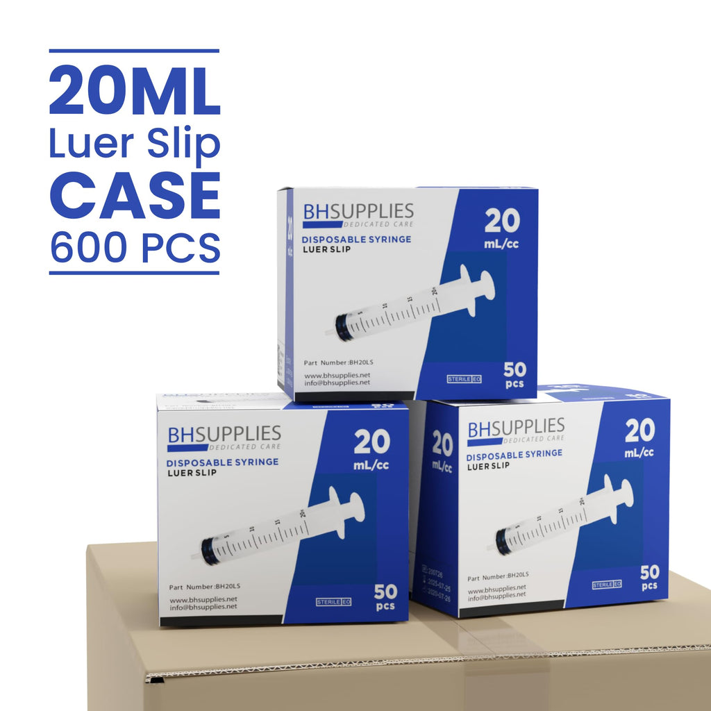 Bulk Case: BH Supplies 20mL Sterile Luer Slip Syringe - Individually Wrapped (600 Syringes, 12 Boxes of 50 Units)