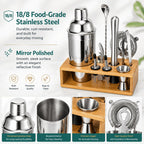 Cocktail Shaker Set, 18/8 Food-Grade Stainless Steel Mixology Bartender Kit 10-Piece Bar Tools with Stylish Bamboo Stand - Rust-Proof & Dishwasher Safe - Professional Martini Shaker Gift for Men, Dad