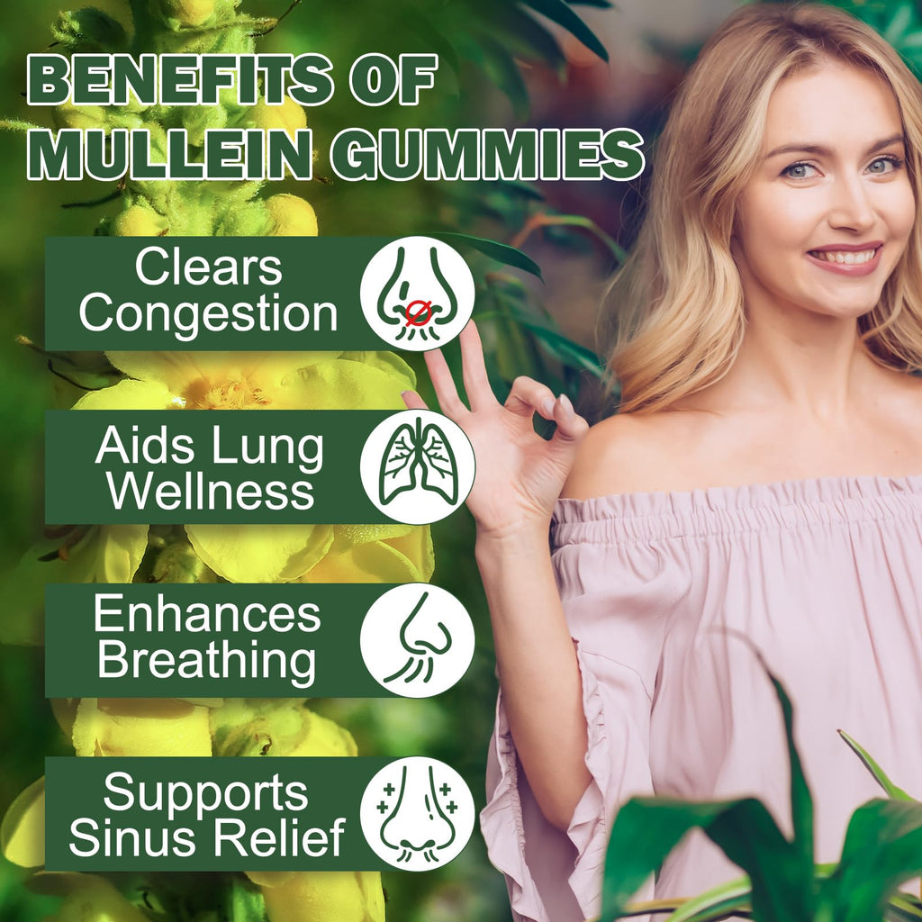 Mullein Gummies for Lungs, Mullein Extract for Smokers - Support Lung & Respiratory Health, Soothes Throat Irritation, Boost Immune - Mullein Leaf Extract for Lungs, Breathe Easier (2 Pack)