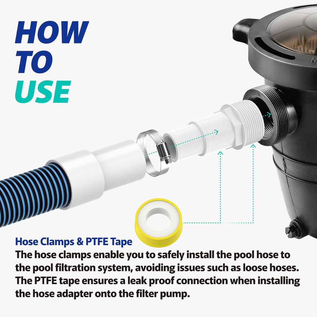 1.5" 6ft Heavy Duty Above Ground Pool Hose Replacement Kit Compatible with Intex Pool Filter Pumps, Includes 2 Durable 6 Foot Hoses, 2 Connection Adapters, 4 Clamps, 2 Tapes