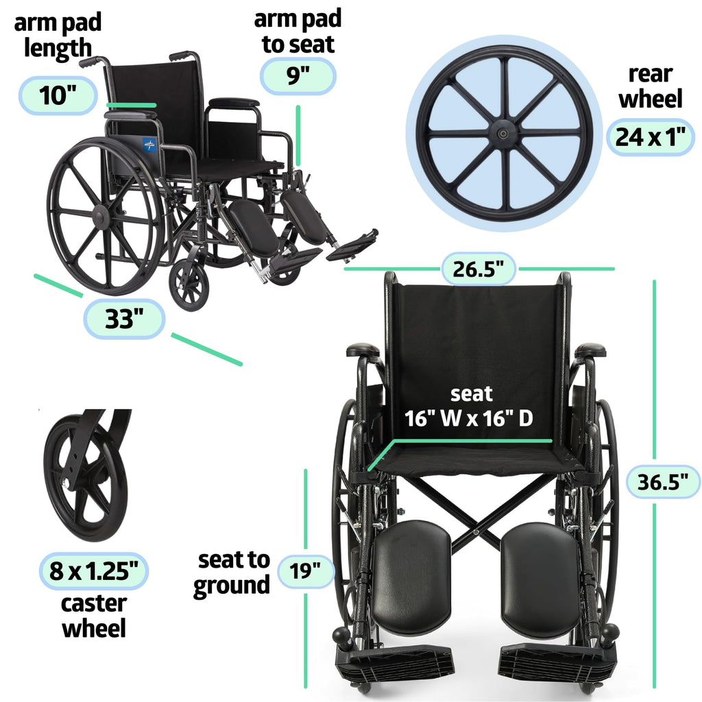 Medline Comfortable Folding Wheelchair with Swing-Back, Desk-Length Arms and Elevating Footrests, 18”W x 16”D Seat