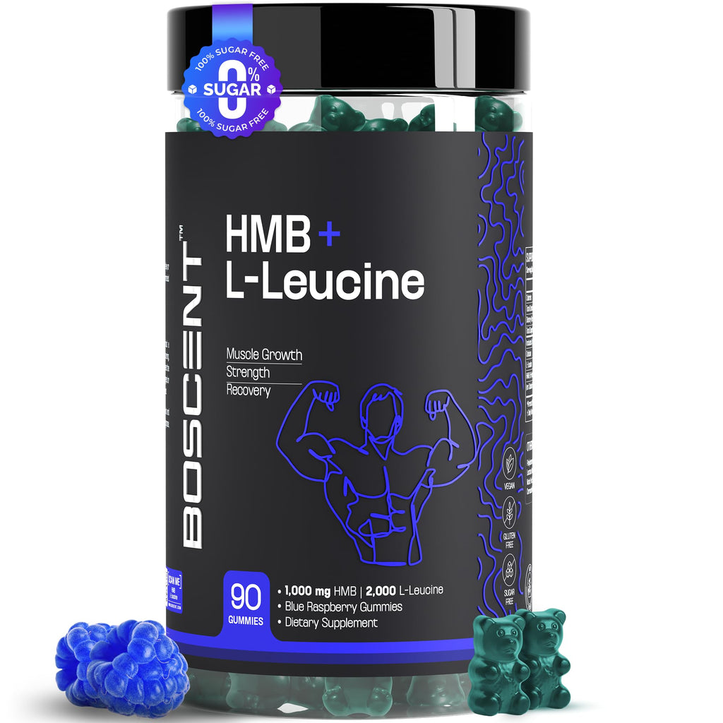 BOSCENT HMB and L-Leucine Gummies – 3000mg Muscle Support for Strength & Recovery | HMB Supplements for Men | Lean Muscle Growth Supplement | Vegan, Sugar Free | Blue Raspberry Flavor | 30 Servings