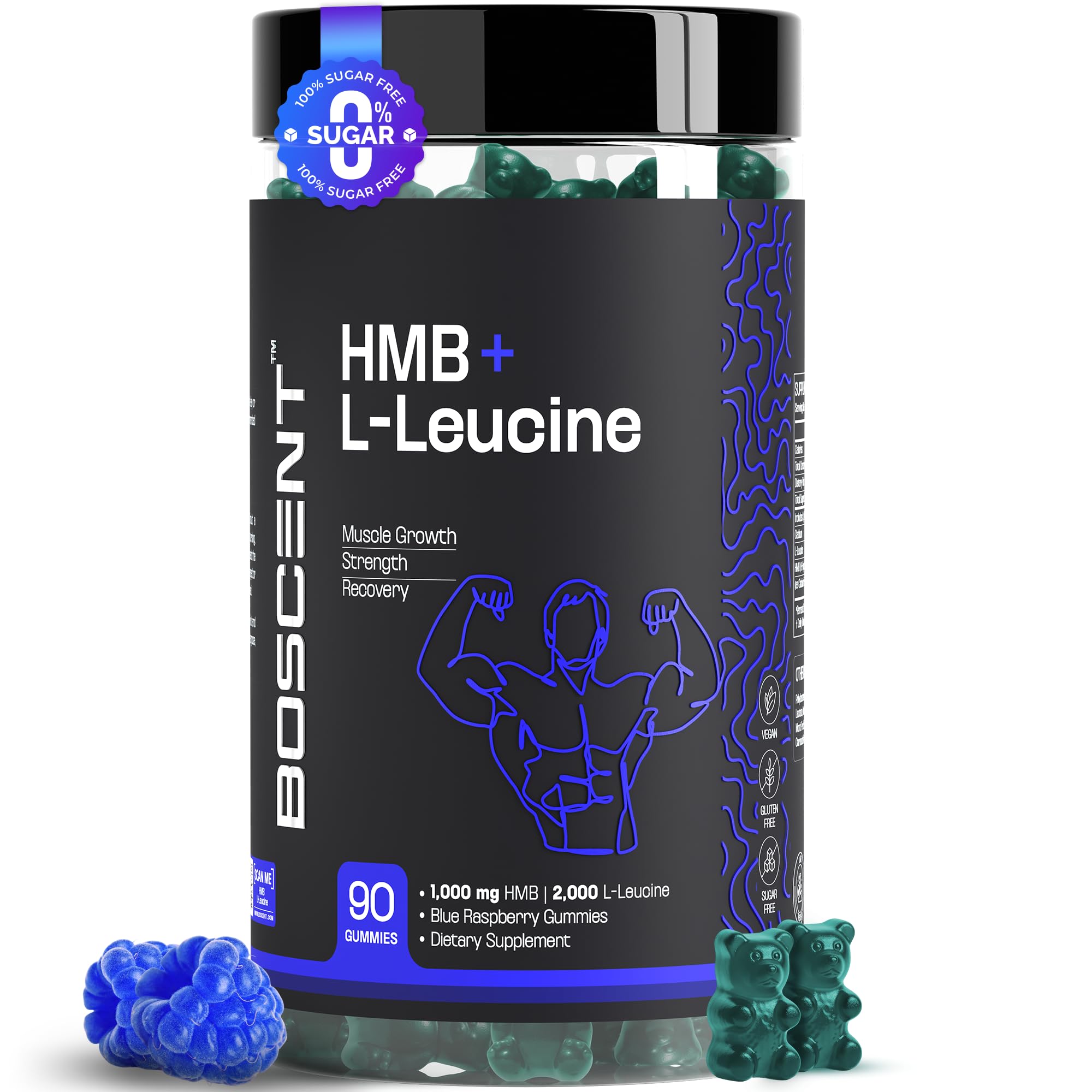 BOSCENT HMB and L-Leucine Gummies – 3000mg Muscle Support for Strength & Recovery | HMB Supplements for Men | Lean Muscle Growth Supplement | Vegan, Sugar Free | Blue Raspberry Flavor | 30 Servings