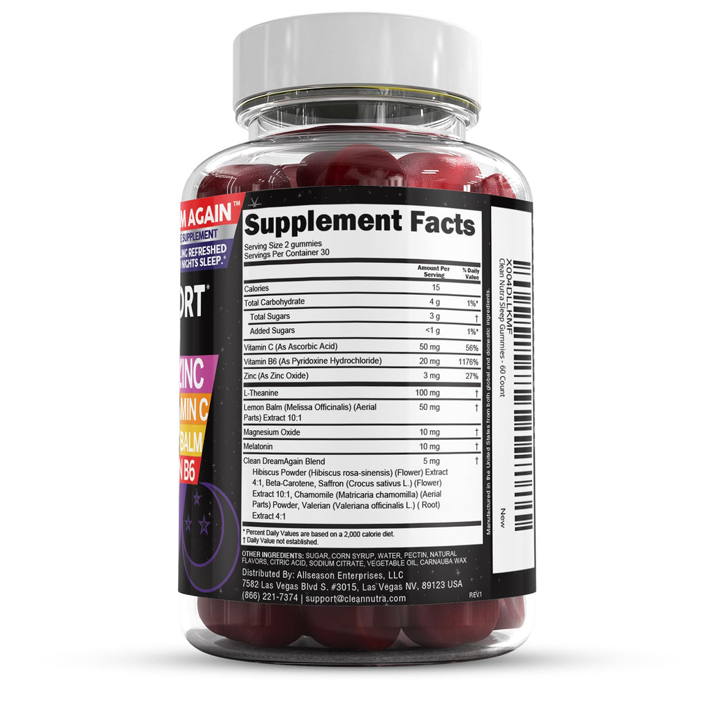 Clean Nutra Melatonin Gummies 10mg | Sleep Aid Valerian Root L-Theanine Vitamin B6 C Lemon Balm Magnesium Hibiscus Beta Carotene Saffron & Chamomile Rest Support Supplement Raspberry Flavor