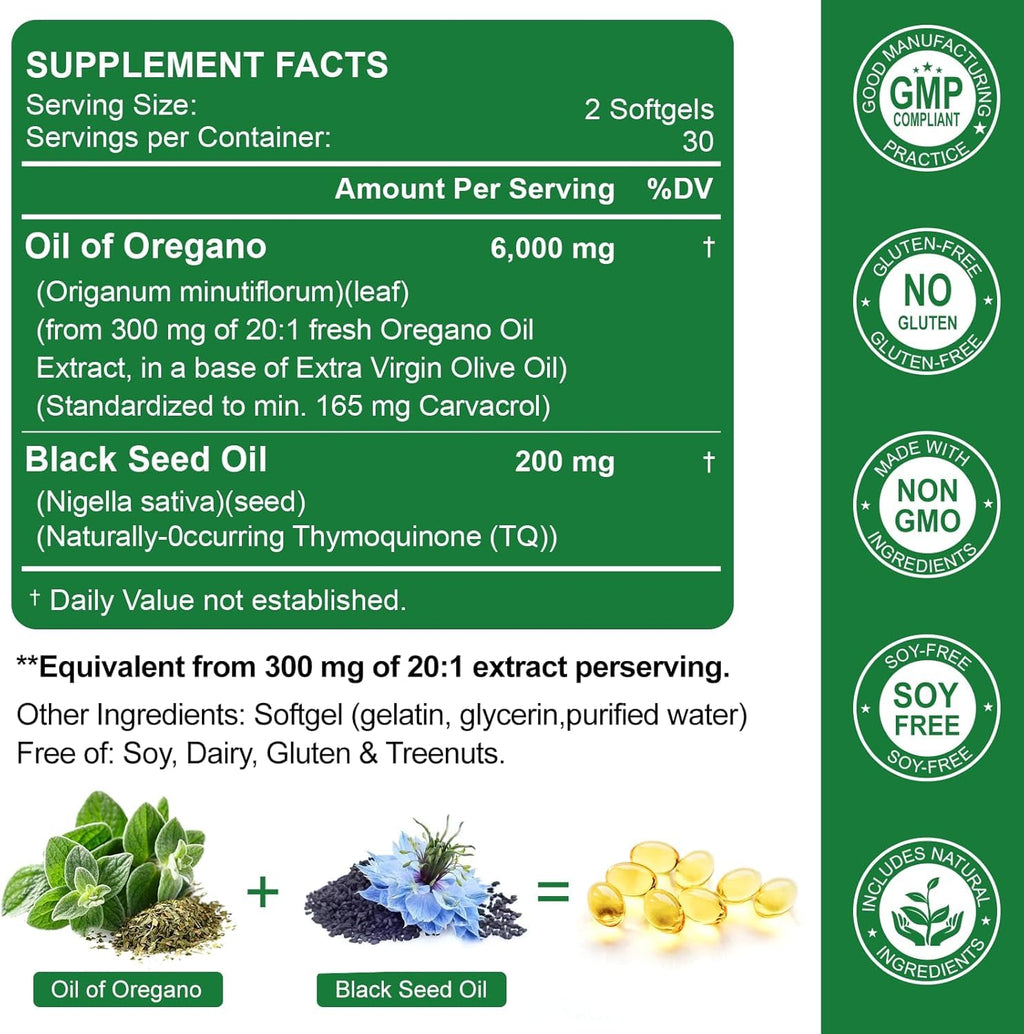 Nature's live Oil of Oregano with Black Seed Oil, 2 in 1 Oregano Supplement for Immune Health, Retains High Concentrated Carvacrol & Thymoquinone, Non-GMO, 60 Softgels, 1 Pack