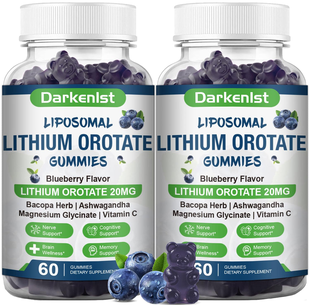 Darkenlst 2 Pack Liposomal 20MG Lithium Orotate Gummies Complex Ashwagandha,Bacopa Herb,Lion's Mane Mushroom, Magnesium Glycinate,Vitamin C,for Mood & Immune Support,Digestive System Support