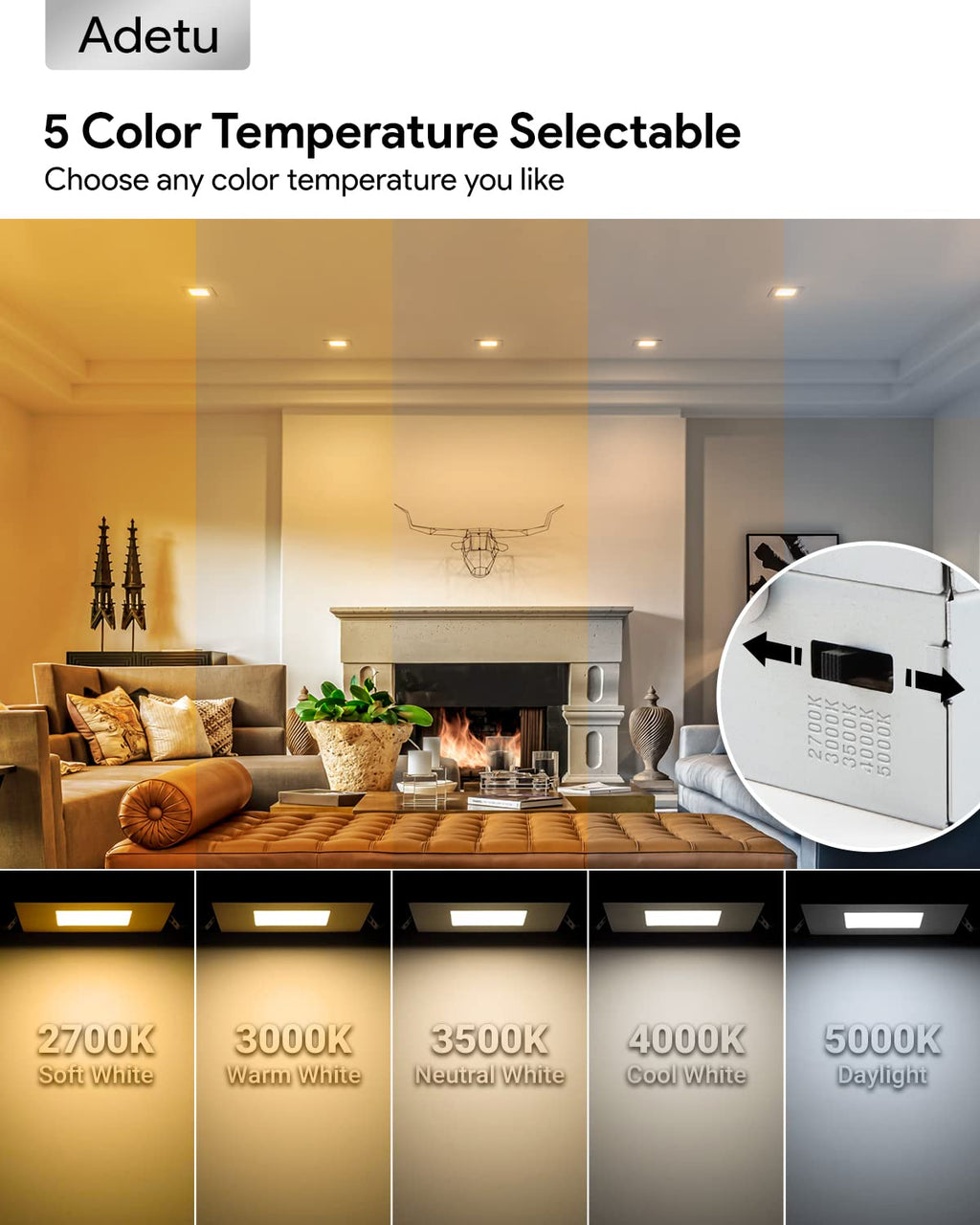Adetu 4 inch Square Led Recessed Lighting Black,5CCT Ultra Thin Square Led Ceiling Light with Junction Box, 2700K/3000K/3500K/4000K/5000K Selectable,Dimmable,ETL and Energy Star Certified
