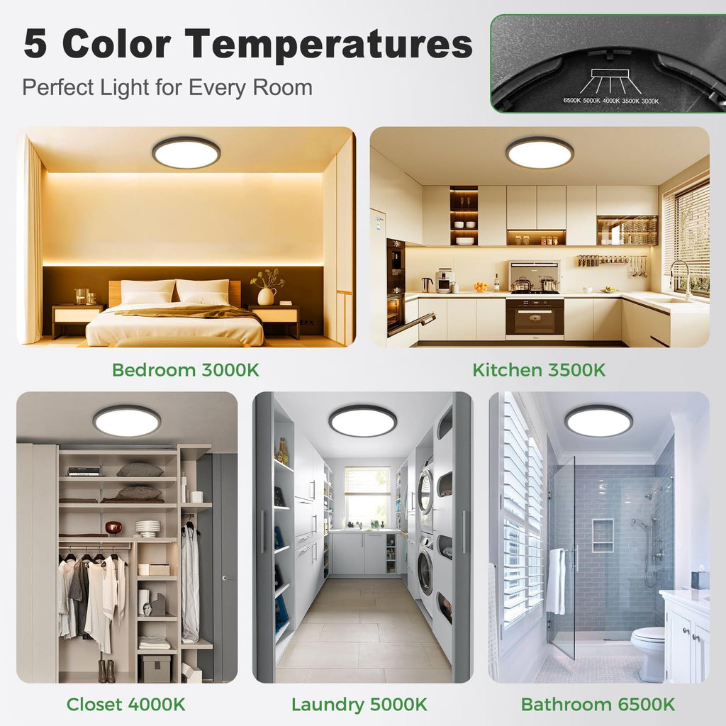 zemty 4Pack LED Flush Mount Ceiling Light, 9Inch 18W Dimmable Ceiling Lights Fixture, 5 Color Temperatures (3000K-6500K) Black Round Ceiling Lamp for Bedroom, Kitchen, Hallway,Bathroom