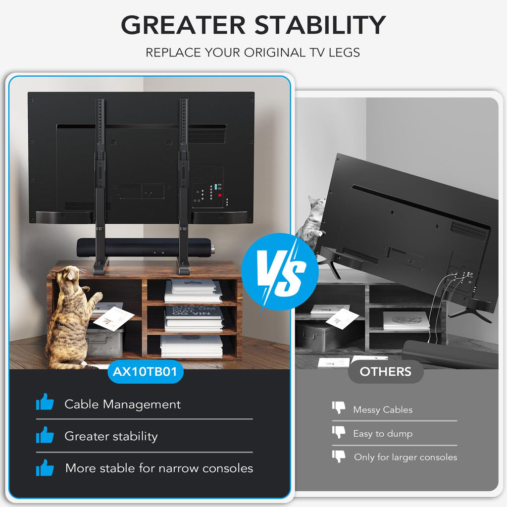 Universal Table Top TV Stand Base Replacement for Most 24 to 86 Inch LCD LED TVs, 7 Height Adjustable TV Legs with Cable Management Hold up to 68kg, Max VESA 800x600mm, Black AX10TB01