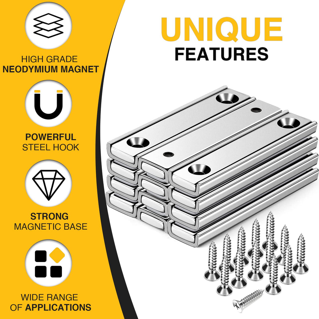 Strong Neodymium Rectangular Pot Magnets with Counter Bore, 70LBS(25 KG) Pulling Force Countersunk Hole Magnets with Mounting Screws - 60x13.5x5mm, Pack of 12