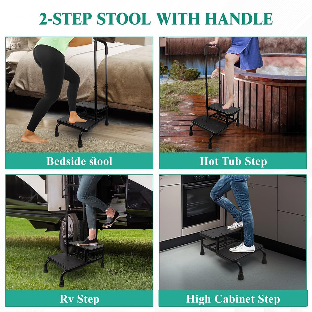 Gyykzz 2 Step Stool with Handle and Non-Slid Platform, Medical Step Stool with Adjustable Handrail for Adults, Seniors and Handicap, Heavy Duty Multifunctional Stepping Ladder Holds up to 400LBS