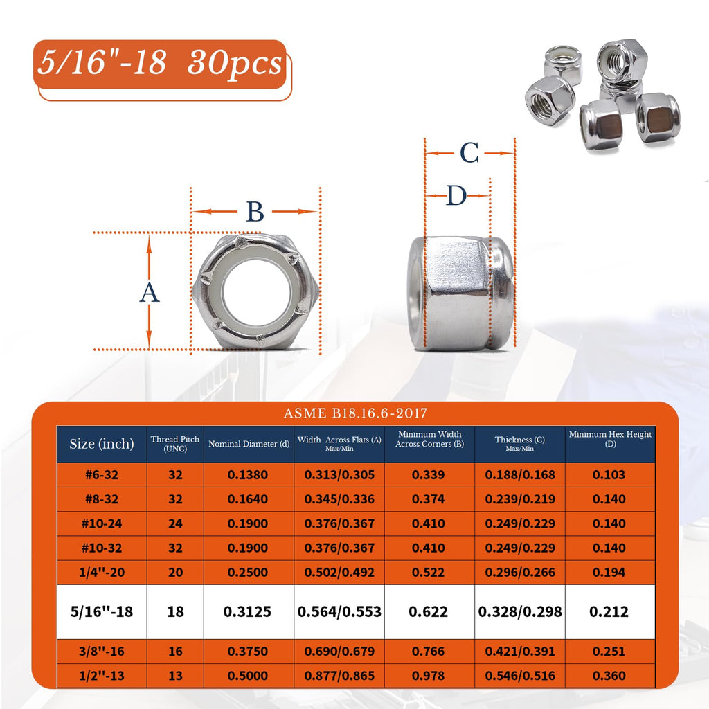 Kinhon Rock 5/16"-18 Nylon Insert Lock Nuts 30pcs SAE 304 Stainless Steel Nylon Locknuts Hex Lock Nuts Reusable Anti-Loose Corrosion-Resistant for DIY Home Automotive Industrial