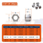 Kinhon Rock 5/16"-18 Nylon Insert Lock Nuts 30pcs SAE 304 Stainless Steel Nylon Locknuts Hex Lock Nuts Reusable Anti-Loose Corrosion-Resistant for DIY Home Automotive Industrial