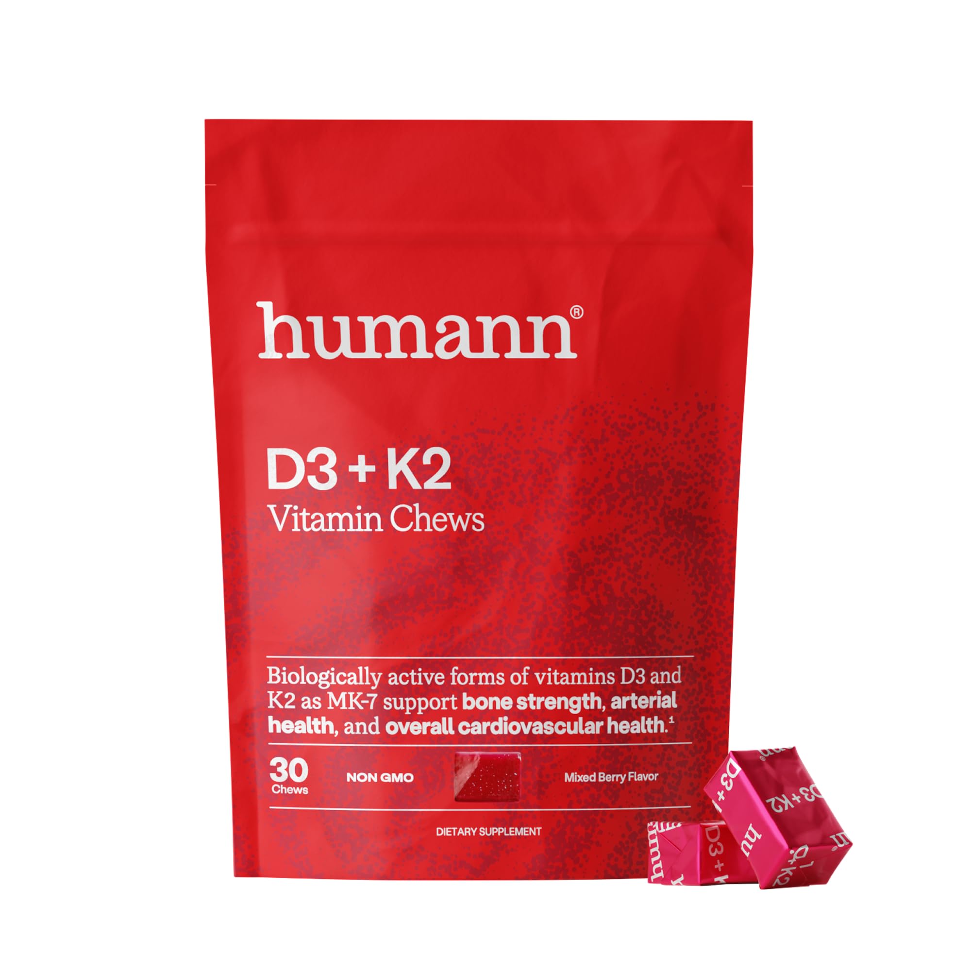 Humann Vitamin D3 + K2 Chews - High Potency Vitamin D 5000iu (125mcg) Helps Support Healthy Mood, Immunity, Cardiovascular, Respiratory Health & Bone Health, Mixed Berry Flavor, 30 Count