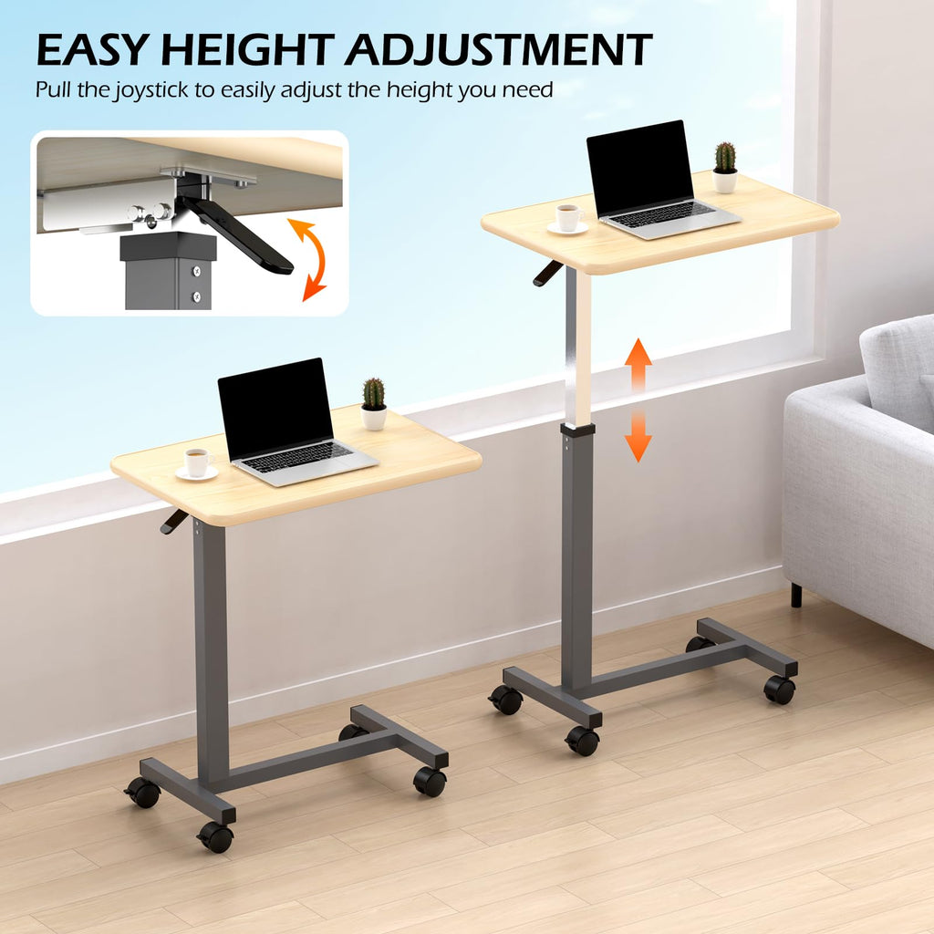 WOTURE Adjustable Overbed Table with Wheels, Bedside Rolling Table, Pneumatic Height Adjustment, Hospital Bed Table on Wheels, Standing Desk, Bedridden & Mobility Needs, Maple