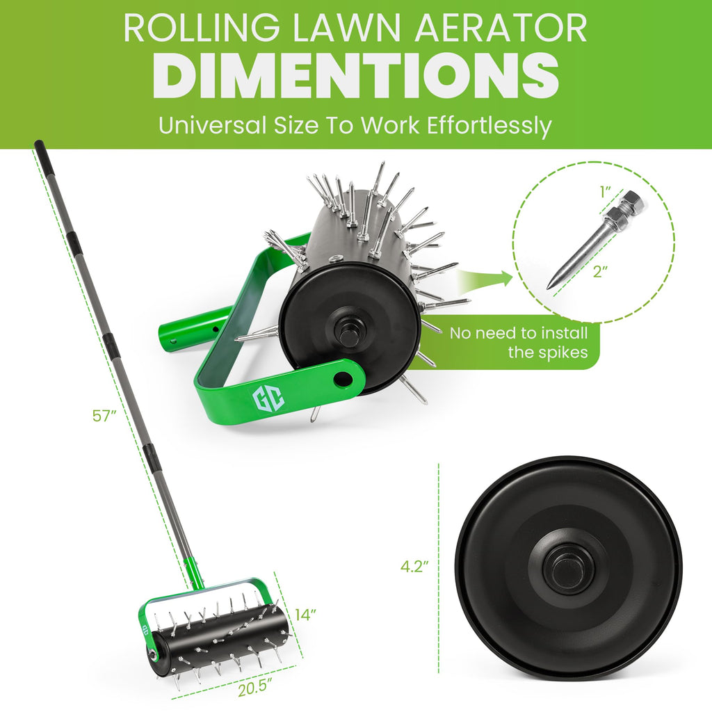 Manual Lawn Aerator Roller Tool, Heavy-Duty Rolling Lawn Aerator, 42 Pre-Attached Steel Spikes, 57 Inch Adjustable Height, Fillable Weighted Drum, 2 Inch Soil Penetrator for Lawn, Garden & Yard Care