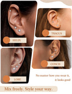 3 Pairs Moissanite Flatback Stud Earrings for Women, 925 Sterling Silver Hypoallergenic Flat Back Cartilage Earrings Set, 18K White Gold Plated (3,4,5mm)
