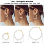CERSLIMO Pearl Hoop Earrings for Women - 3 Pairs 14K Gold Plated Pearl Hoop Earrings Set, S925 Sterling Silver Post Big Large Hoops 4mm Pearl Earrings Jewelry Gifts 20/30/40mm