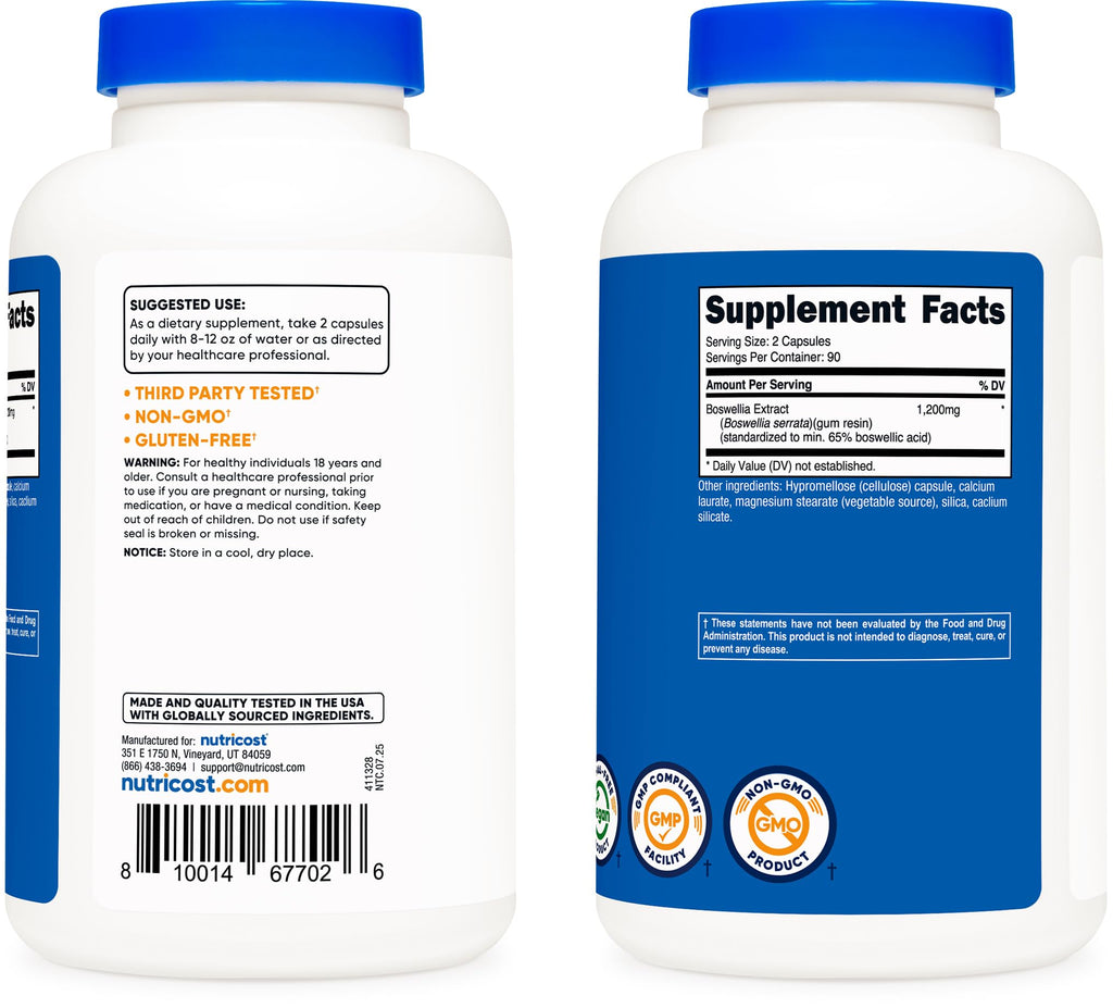 Nutricost Boswellia Extract 1,200mg Per Serving, 180 Capsules for 90 Servings Per Bottle - Standardized to 65% Boswellic Acid, Gluten Free and GMO Free, Vegan