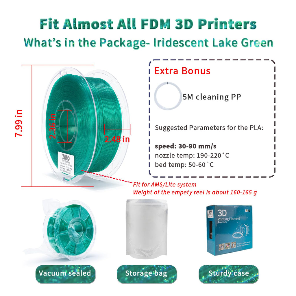 ZIRO PLA Filament 1.75mm, Iridescent PLA Series, Sparkle Glitter with Colorful Base, Twinkling 3D Printing Material,1kg Spool, Dimensional Accuracy +/-0.03mm, Fit Most FDM 3D Printers, Lake Green
