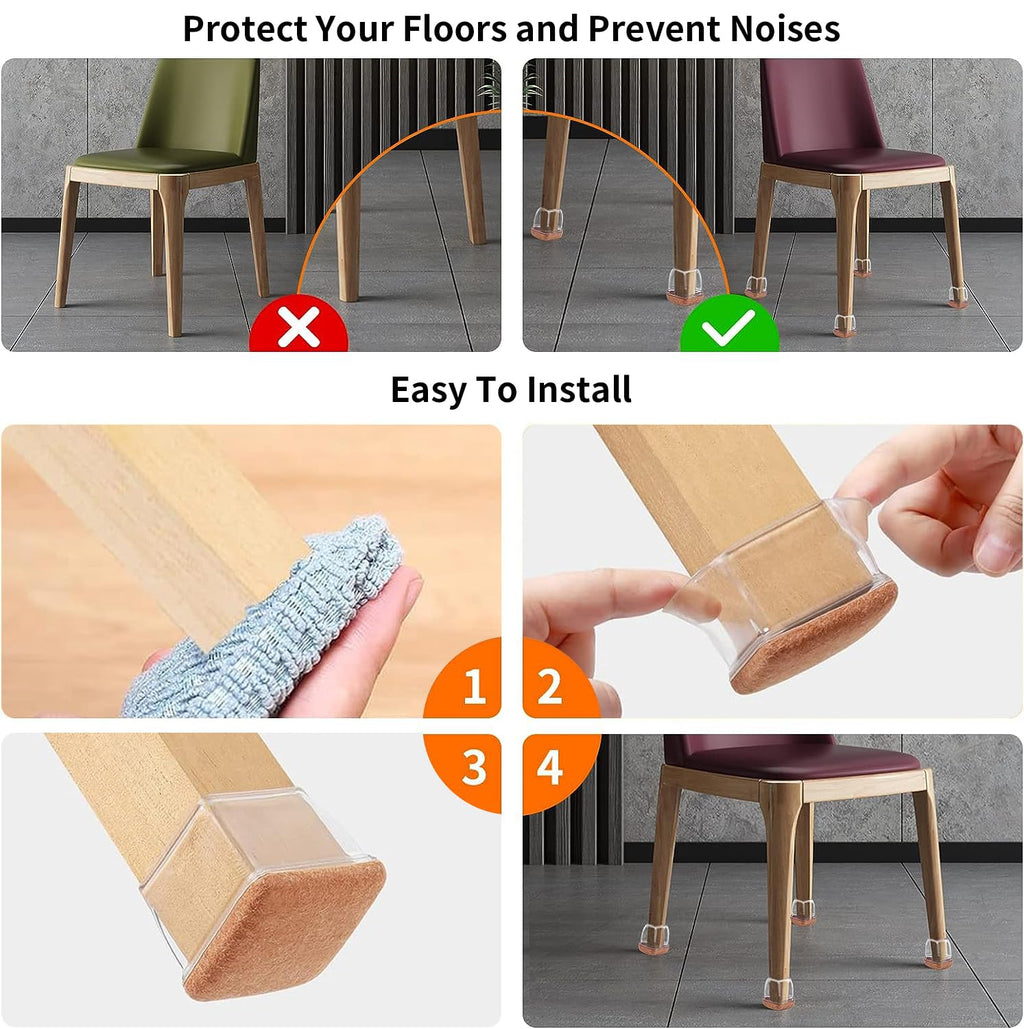 Ezprotekt 24 Pcs Clear Square Chair Leg Floor Protectors with Felt, Silicone Felt Furniture Pads for Hardwood Floor, Dining Table Leg Caps Covers No Scratches and Noise (L Fit: 1.1" - 1.34")