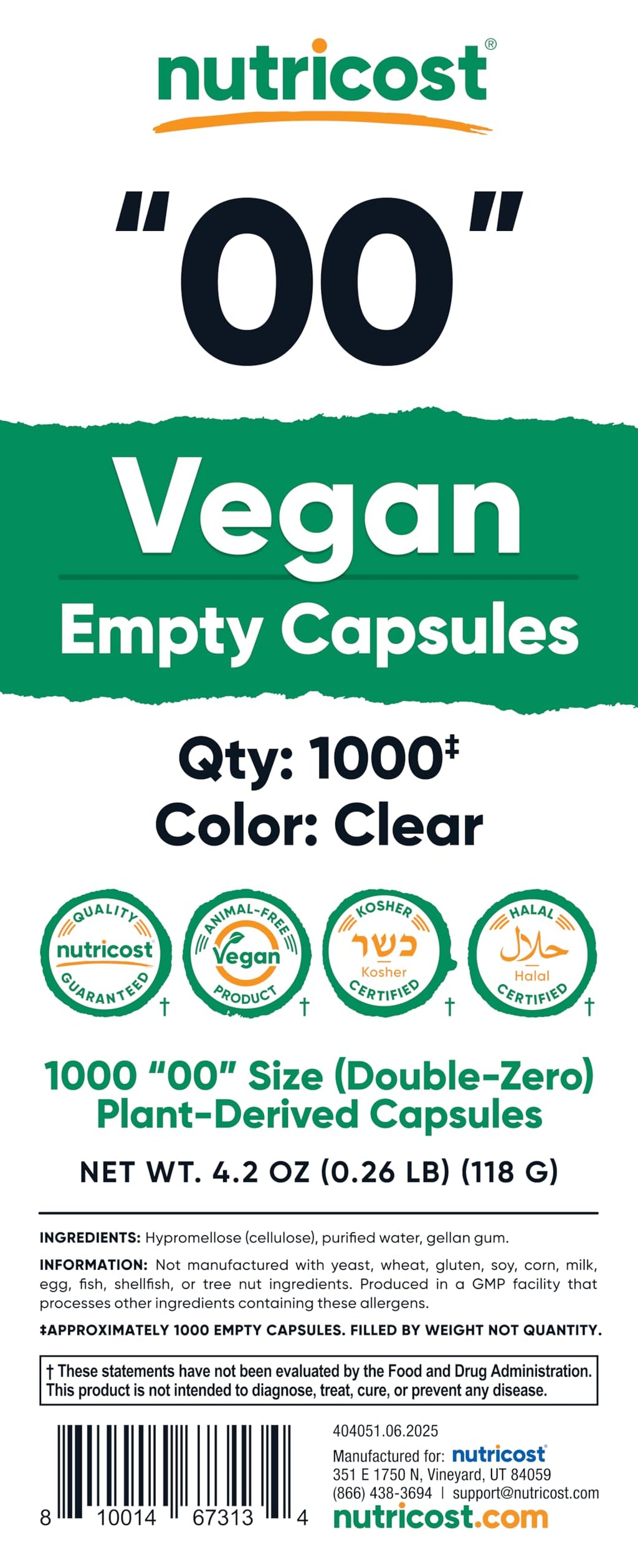 Nutricost Empty Capsules Size 00 Vegan - 1,000 Clear Empty Plant-Based Capsules - Kosher Certified, Halal Certified, Non-GMO, Soy Free, Gluten Free, Vegetarian