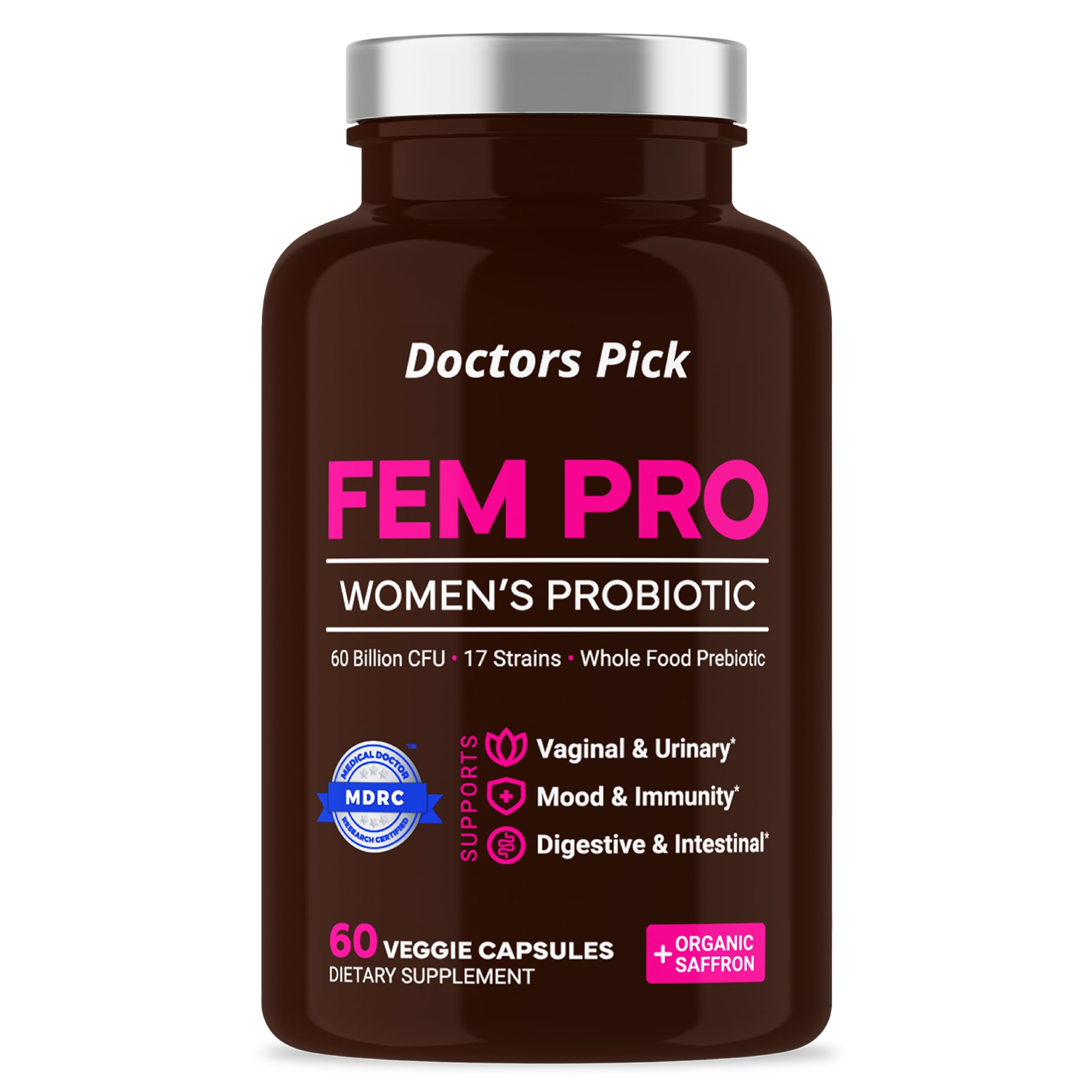 Doctors Pick Fem Pro Probiotics for Women. 17 Clinically Effective Strains for Vaginal, Digestive & Immune Support, Urinary Tract Health, pH Balance and Mood. 60 Veggie Capsules, 2 Month Supply