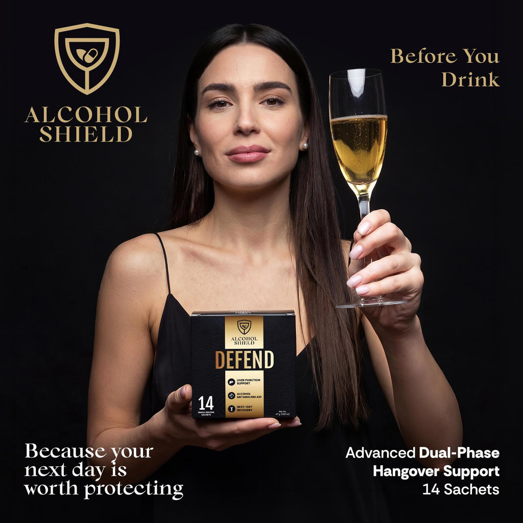 ALCOHOL SHIELD Defend Hangover Supplement | DHM + NAC | Feel Better After Drinking | Alcohol Recovery & Liver Support | Electrolytes & B Vitamins | 14 Sachets
