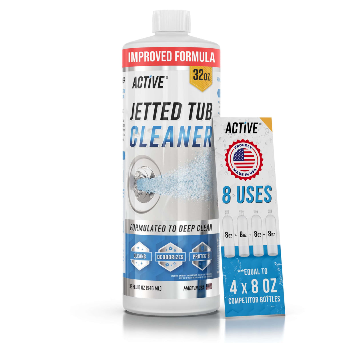 ACTIVE Jetted Tub Cleaner Bathtub Cleaning - 32oz (8 Uses) Bath Jet Cleaner For Whirlpool & Spa Bath System, Compatible with Jacuzzi Jets, Whirl Tubs, Professional Septic Safe Solution - Made in USA