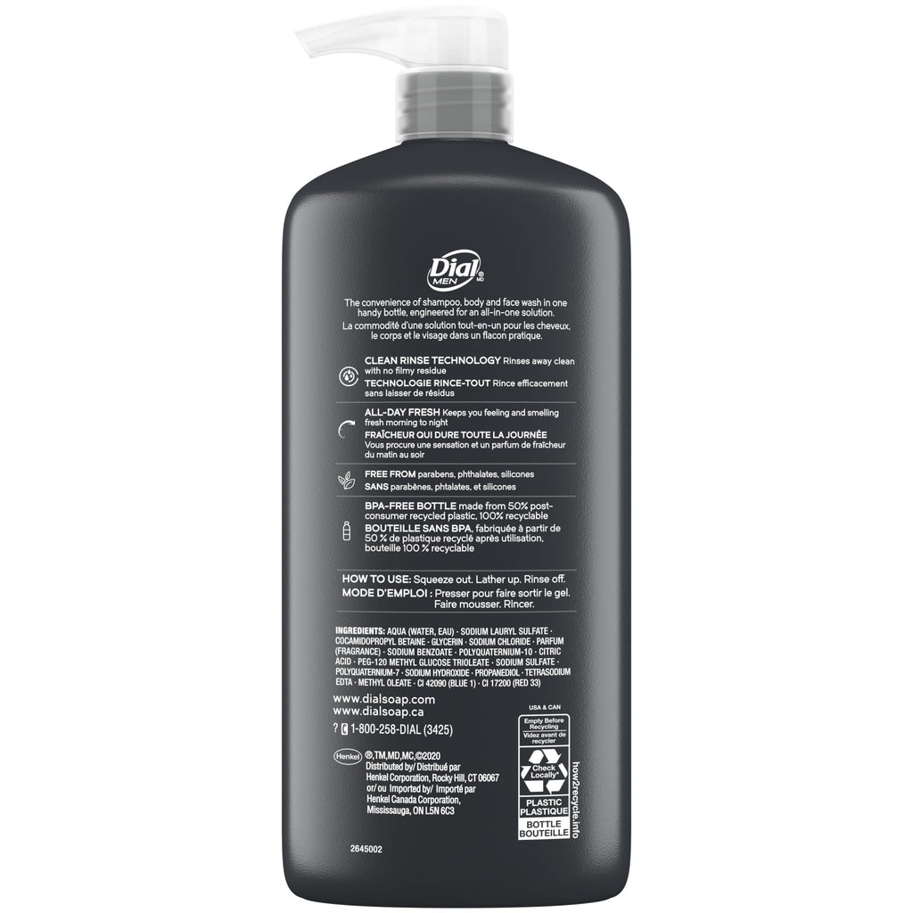 Dial Men 3 in 1 Body, Hair and Face Wash, Refresh, 16 Fl Oz, Pack of 3, Cleanses Deep + Gentle on Skin with Clean Rinse Technology
