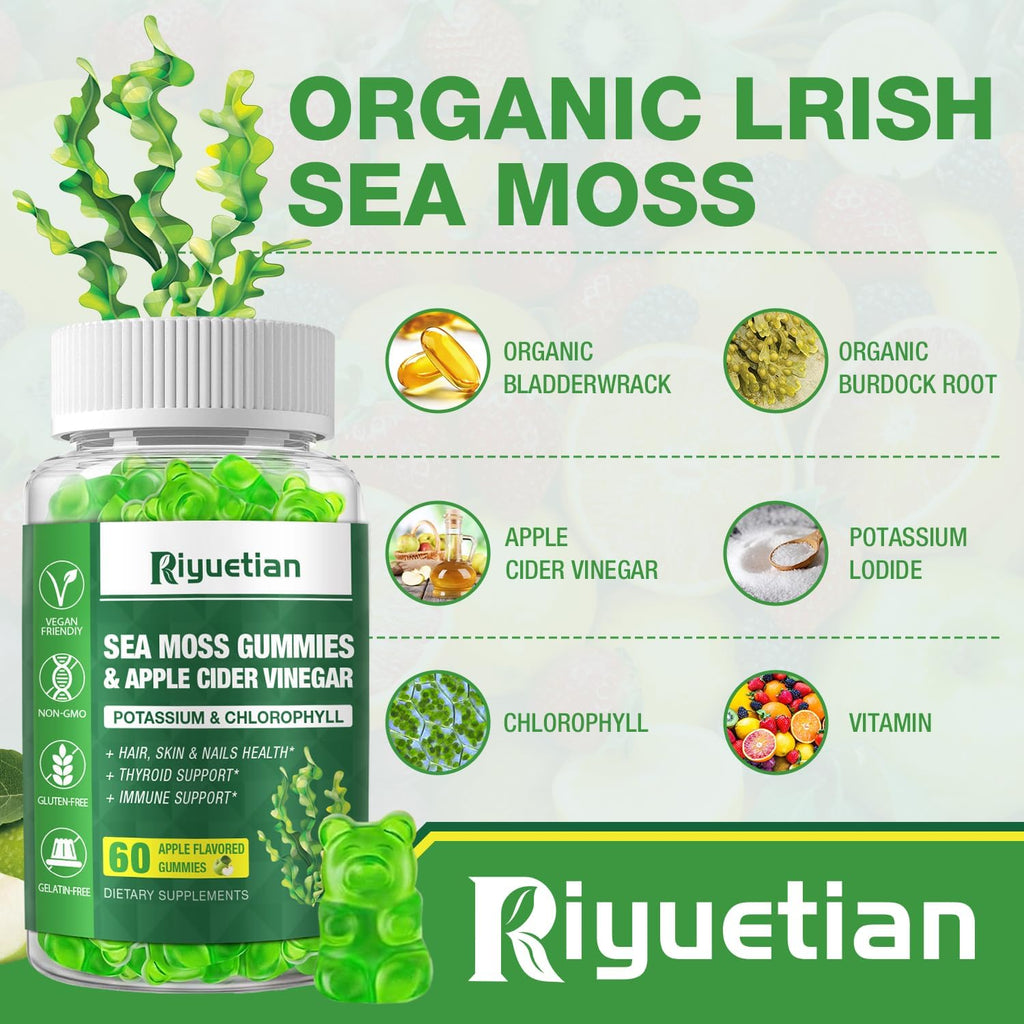 Riyuetian 2 Pack Sea Moss Gummies - 120 Vegan Irish Moss Gummy Bears - Made with Natural & Organic Sea Moss Gel, Bladderwrack & Burdock Root - Seamoss Supplement for Energy, Immune Support