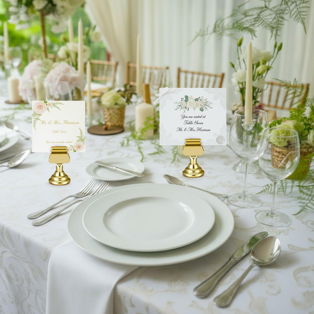 Kathfly 24 Pcs Wedding Table Number Holders 1.7 Inch Gold Mini Metal Place Card Holders Bulk Harp-clip Table Sign Stands Card Holder Display Picture Memo Notes Menu for Restaurants Birthday Decor