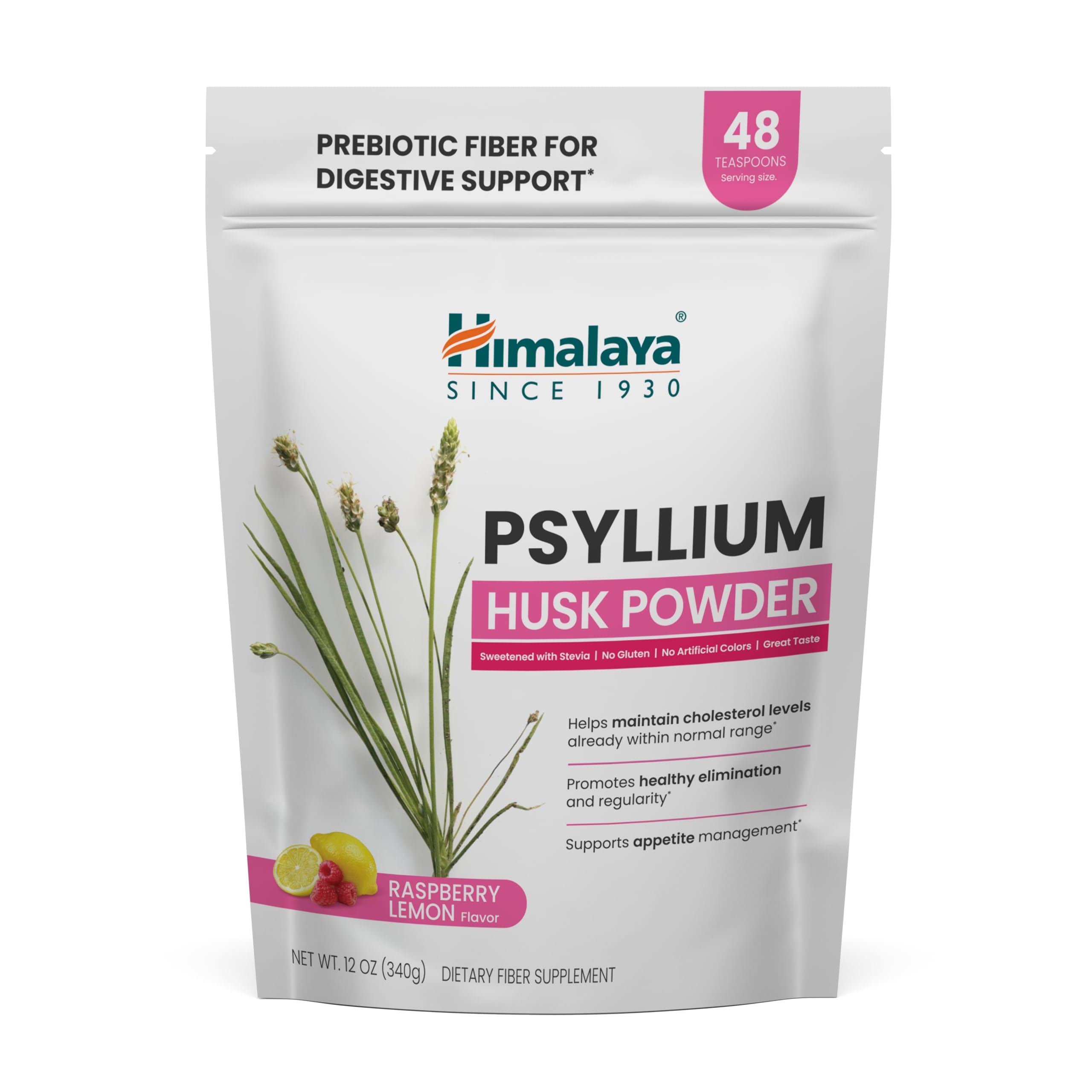 Himalaya Raspberry Lemon Psyllium Husk Powder, Daily Fiber Supplement for Digestive Health & Regularity, Sugar-Free, Gluten-Free, Vegan, No Artificial Colors, Easy-to-Mix, 12 oz (340 g)