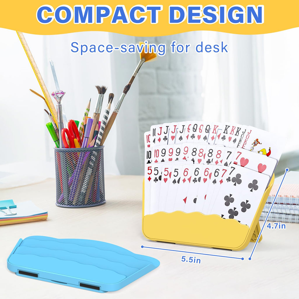 RESOVO Playing Cards Holders Stands Decks w/Foldable Tabletop Stand, 3 Layers Design for Poker UNO Cards, Playing Card Accessories, Set of 4 (2 Blue + 2 Yellow)
