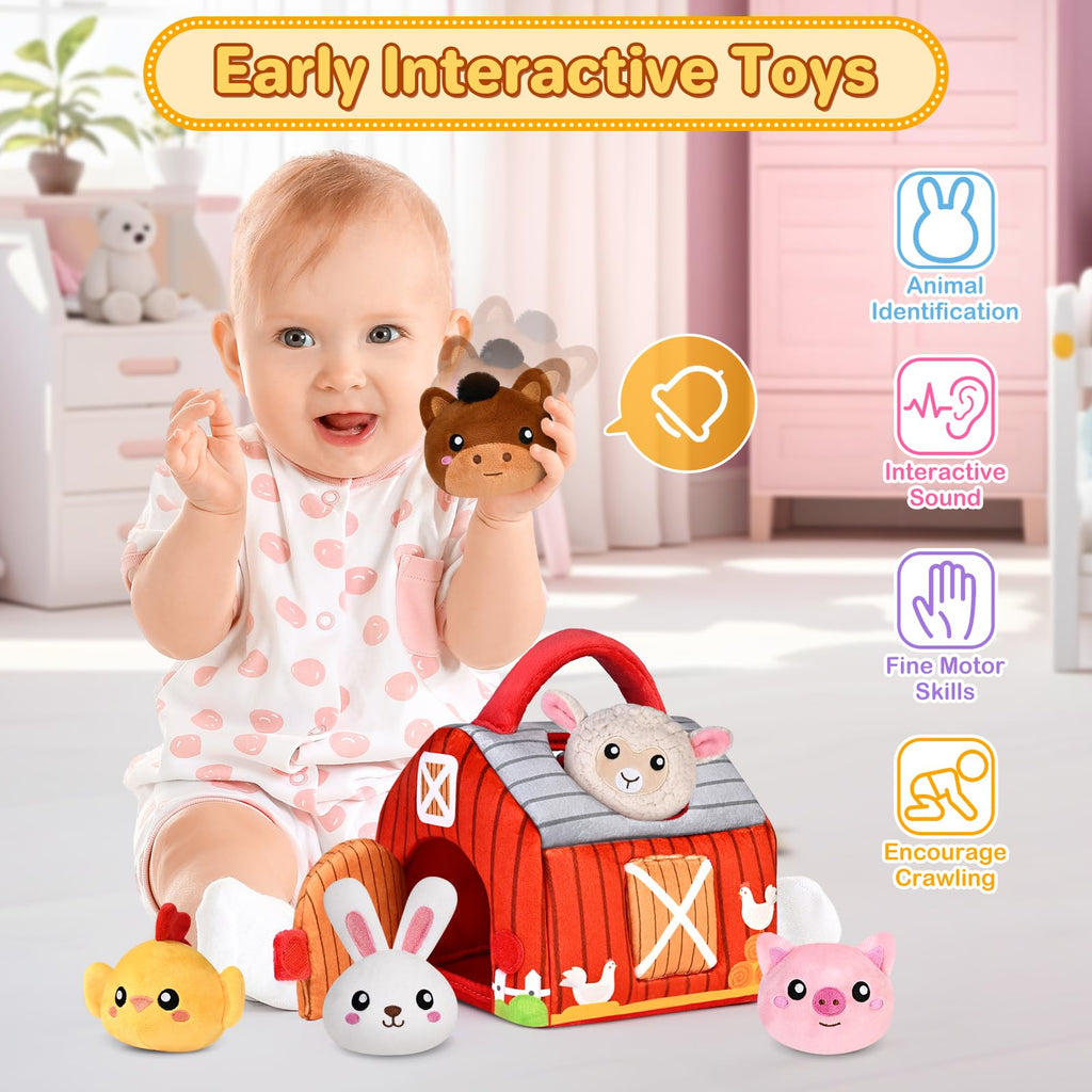 Baby Toys 0-12 Months, Plush Toy Set- 4 Sensory Soft Toys with Crinkle, Rattles for 0-3-6-9-12 Month Newborn Infant, 1st Birthday for Babies Boys Girls Age 1+ (Barn with Farm Animals)