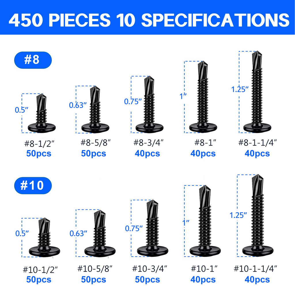 450PCS Self Tapping Screws for Metal, 410 Stainless Steel Self Drilling Screws #8#10 Truss Head Sheet Metal Screws Assortment Kits, Length 1/2"" to 1-1/4'' (Black)