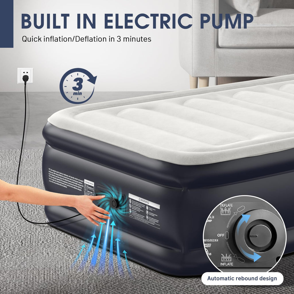 Twin Air Mattress with Built-in Pump,18''Raised Blow Up Mattress 2 Mins Self Inflation/Deflation,Upgraded Thicker Inflatable Mattress，Flocked Top Air Bed with Storage Bag for Guests,Home，Camping