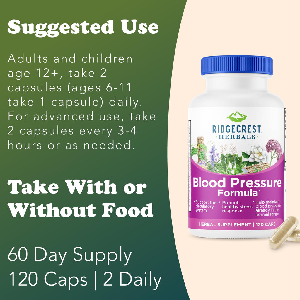 RidgeCrest Herbals Blood Pressure Herbal Formula, 12 Herbs, Poria Mushroom, Gastrodia, Gardenia, for Heart, Vascular, Circulation Health (120 Count)