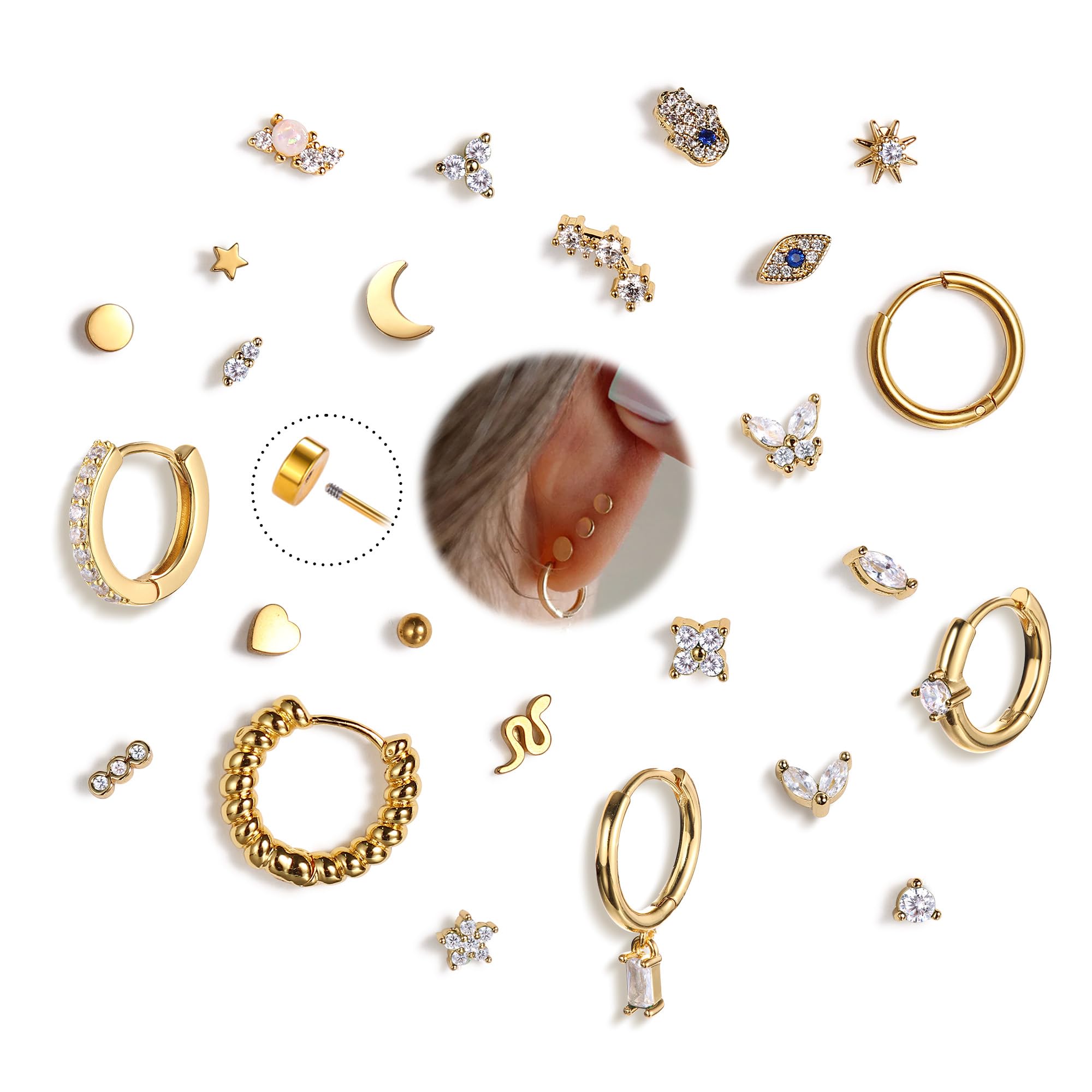 25Pcs Hypoallergenic Flat Back Earrings Cartilage Hoop Sets for Women