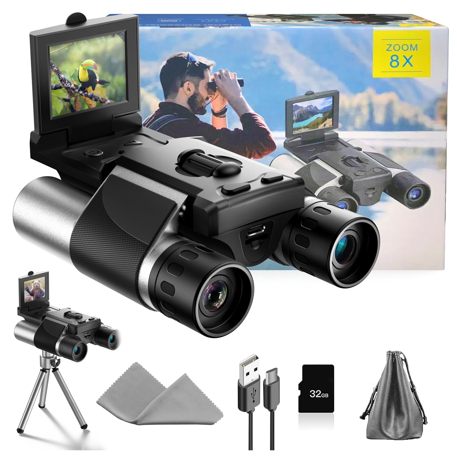 Digital Binoculars with Camera - 8X Digital Zoom, 2" LCD Display 40MP Camera 2.5K Videos Ideal for Concerts, Bird Watching, and Outdoor Adventures with 32GB SD Card - D551