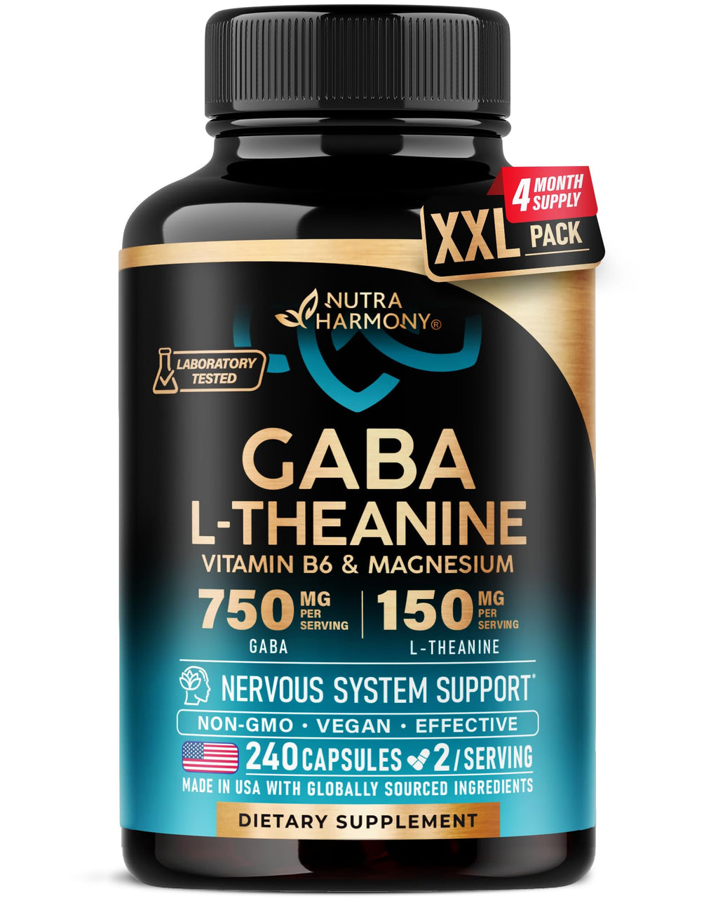 GABA L-Theanine 900 mg - Magnesium | Vitamin B6 - Calm, Sleep, Relaxation & Mood Support - Lab Tested - 750 mg Gamma AminoButyric Acid, 150 mg L-Theanine - Non-Habit Forming, Vegan - 240 Capsules