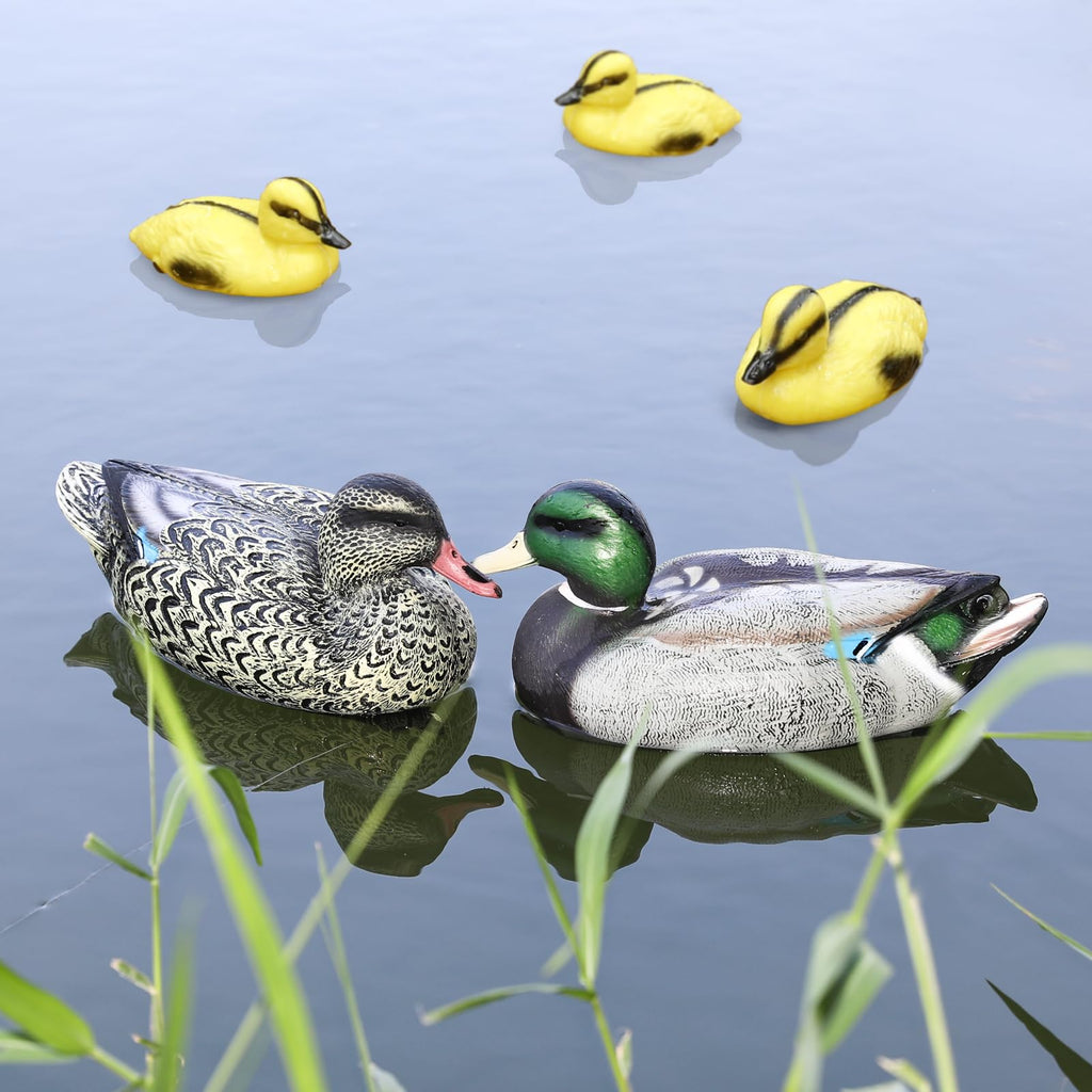 Cifavor 5 PCS Floating Mallard Duck Bait Set -2 Adult 3 Ducklings, Realistic Resin Floating Duck Bait Home Pack, Mallard Duck Bait Yard Pond Décor