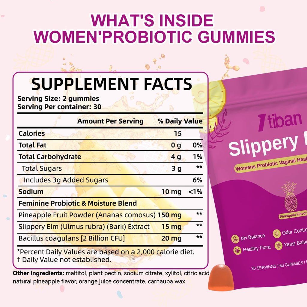 Itiban Slippery Elm Feminine Probiotic Moisture Gummies, pH Balance, Vaginal Flora, Odor Health with Bacillus coagulans, Delicious Pineapple Flavor, 60 Count