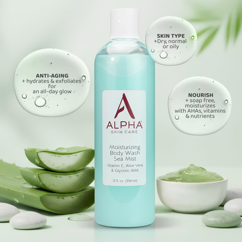 Alpha Skin Care Moisturizing Body Wash, Gentle Soap-Free Anti-Aging Formula, Glycolic AHA, Vitamin E & Aloe Vera, Conditions & Soothes, All Skin Types Hydroxy Acid, 12 Oz